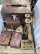 Leather hat box 'WF Pease Witton le Wear', Barr & Stroud binoculars, two leather ponchos, bayonet,