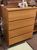 Contemporary oak finish four drawer chest, 100.5cm by 80.5cm by 48.5cm.