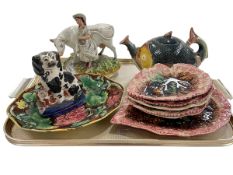 Majolica dishes, fish teapot and two Staffordshire pieces.