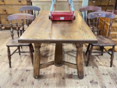 Continental rectangular oak dining table and set of four Victorian farmhouse style kitchen chairs.