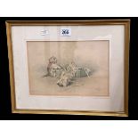 Signed watercolour of Two Cats at Play, 16.5cm by 24cm, in glazed frame.