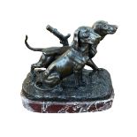 Ornate bronze sculpture of Pointer Dogs on a marble plinth, 28cm high.