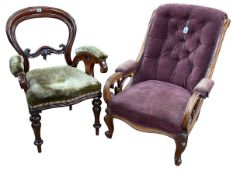 Victorian mahogany framed scroll armchair and Victorian balloon back elbow chair.