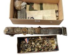 Military belt inc Iron Cross 1914 and another dated 1939, WWII German cap badges etc,