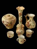 Seven pieces of Royal Worcester blushware comprising coral handled jug, jar,