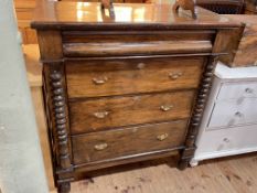 Victorian chest of four long drawers with ½ bobbin pillars and turned legs, 118cm by 104cm by 49cm.