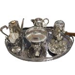 Silver plated oval gallery tray and selection of silver plated ware.