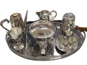 Silver plated oval gallery tray and selection of silver plated ware.