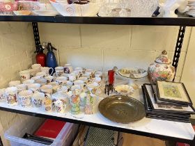 Commemorative mugs, cups and saucers, Doulton Dickens ware tazza, two soda siphons,