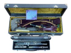 Pair of Northumbrian bagpipes and Emperor Boosey and Hawkes flute, in box.