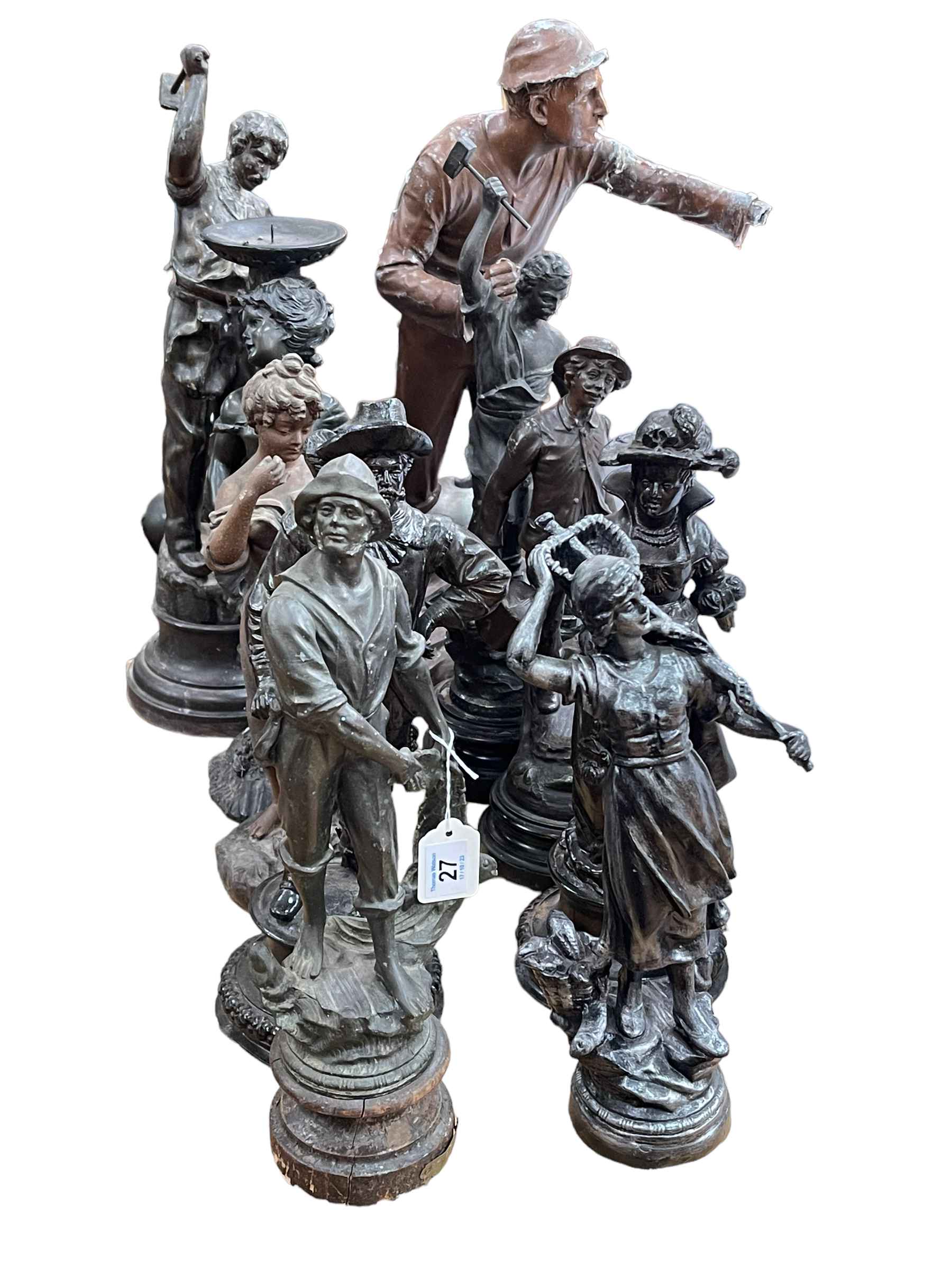 Collection of ten figure sculptures including Spelter.