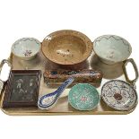 Watcombe Torquay bowl 'Alice' dated 1899, Persian pencil case, Chinese pottery, etc.