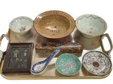 Watcombe Torquay bowl 'Alice' dated 1899, Persian pencil case, Chinese pottery, etc.