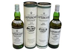 Laphroaig 10 year Single Islay Malt Scotch Whisky x two 1 litre bottles, both 43% vol.