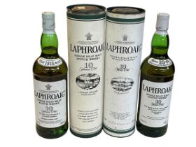 Laphroaig 10 year Single Islay Malt Scotch Whisky x two 1 litre bottles, both 43% vol.