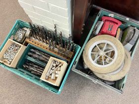 Two boxes of various tools including large drill bits, etc.