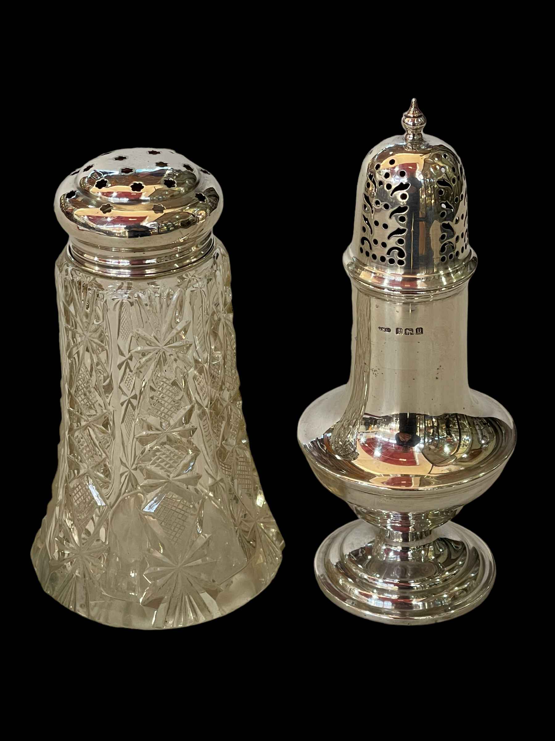 Silver caster, Birmingham 1919, and silver topped crystal caster, Birmingham 1921 (2).