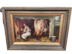 William Gunning King 1859-1940, Farmer Milking Cows, oil on canvas signed lower left,