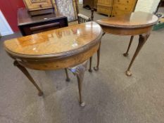 Burr walnut demi-lune fold top card table and similar hall table (2).