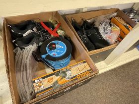 Two boxes of power tools including angle grinders, cordless drill, cable reel,