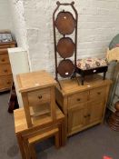 Oak two door side cabinet and matching lamp table, nest of three oak tables,