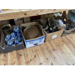 Four boxes of Oriental ginger jars, doll, metalwares, etc.