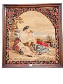 19th Century mahogany framed needlework depicting mother and children, 80cm by 75cm.