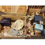 Three boxes of china figures, ornaments, willow pattern teaware, etc.
