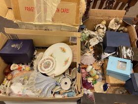 Three boxes of china figures, ornaments, willow pattern teaware, etc.