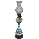 Vintage porcelain columned etched glass oil lamp, 73cm.