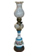 Vintage porcelain columned etched glass oil lamp, 73cm.