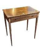 19th Century inlaid mahogany side table having frieze drawer and on square tapering legs,