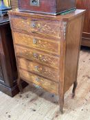 Inlaid rosewood five drawer chest with brass mounts and escutcheons on cabriole legs,