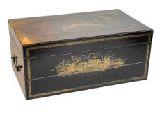 Oriental black lacquered writing box, 18cm high.