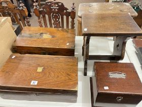 Two Victorian writing boxes, small box and two stools.