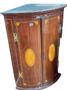 George III inlaid mahogany two door bow front corner wall cabinet, 105.5cm.
