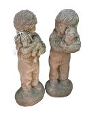 Pair weathered garden figures of children with pets, 72cm.