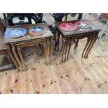 Two nests of three cabriole leg tables, two oak hall/church chairs,