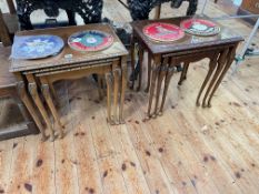 Two nests of three cabriole leg tables, two oak hall/church chairs,