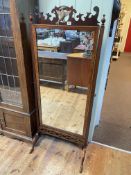 Mahogany framed cheval mirror with square reeded supports to fretwork and Queen Anne style legs,