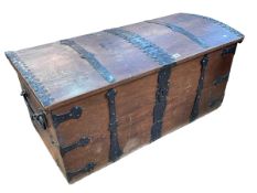 Antique metal bound dome top trunk, 50cm by 104cm by 47cm.