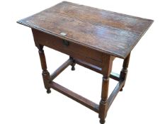Antique oak lowboy with single frieze drawers raised on turned legs to square stretchers,