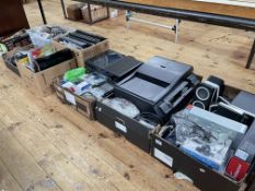 Large collection of electrical items including printer, laptops, speakers, accessories, etc.