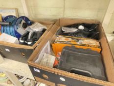 Two boxes of power tools including angle grinders and drills, two pairs of as new safety trainers,