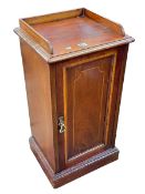 Edwardian inlaid mahogany pot cupboard with gallery back on plinth base, 36cm by 41cm by 80cm.