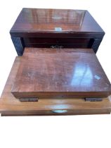 Mahogany cutlery cabinet, canteen of community plate cutlery and canteen of fish eaters.