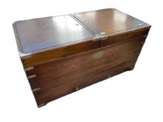 Campaign style brass bound double lidded trunk, 48.5cm by 96.5cm by 48.5cm.