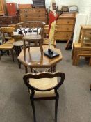 Victorian walnut octagonal occasional table, balloon back side chair,