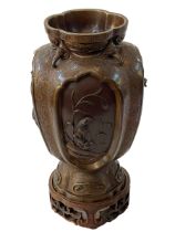 Good Japanese Meiji period bronze vase with panels of bird decoration, signed on base,