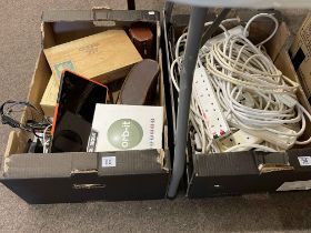 Two boxes of binoculars, cameras, cigar box, extension leads, etc.